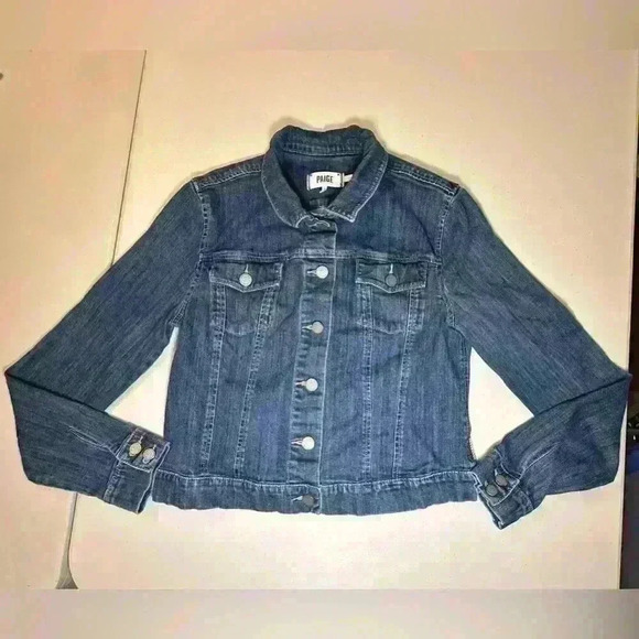 Paige Cropped Stretch Denim Blue Jean Jacket Size L Fits Like A Medium Snuggly - Picture 1 of 9